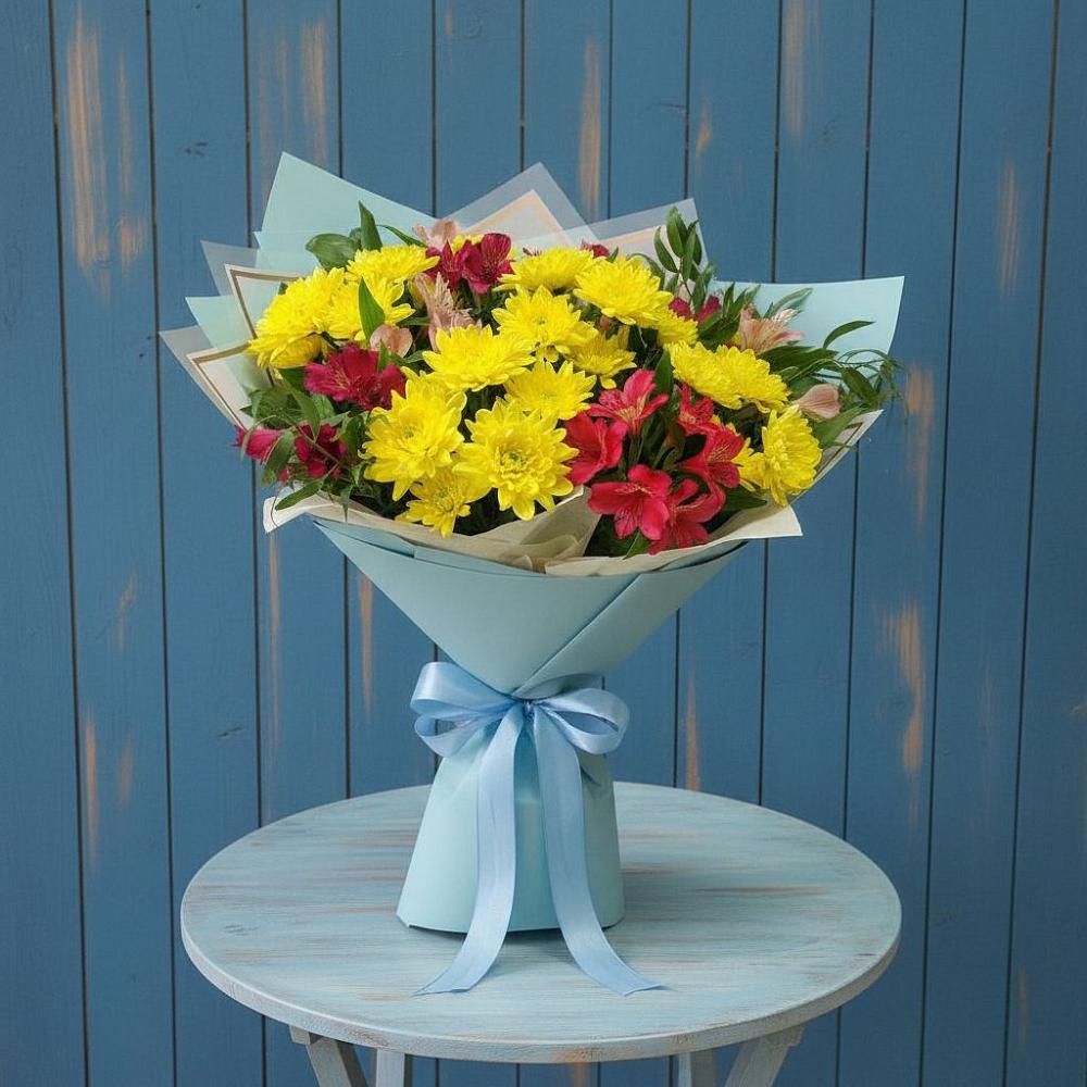 Букет цветов из: Альстромерии и Хризантемы в Деденево
