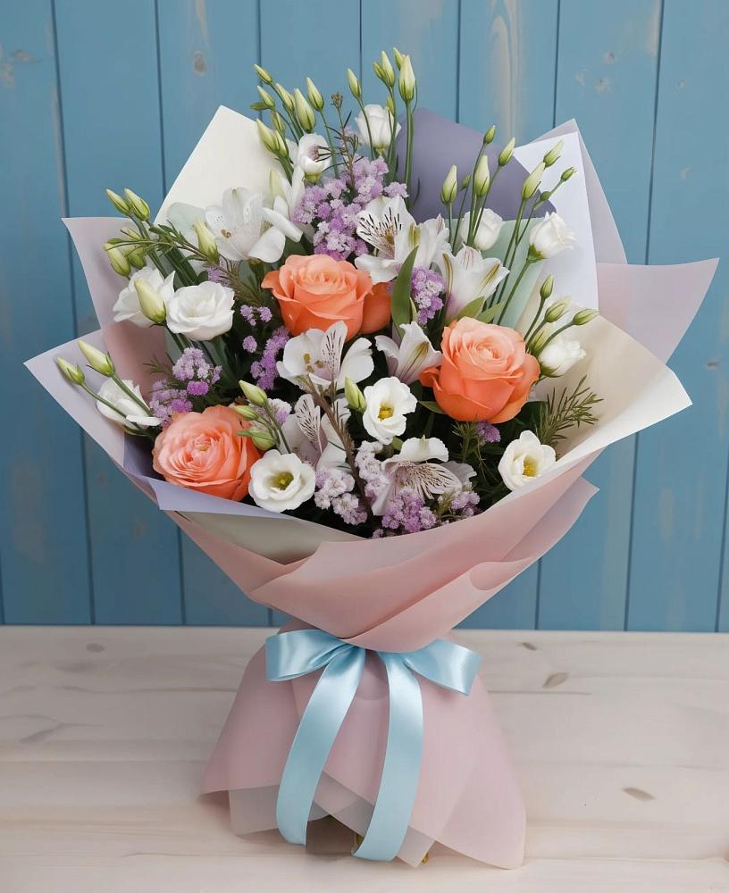 Букет цветов из: Лизиантусы, Розы, Альстромерии и Гипсофила в Деденево