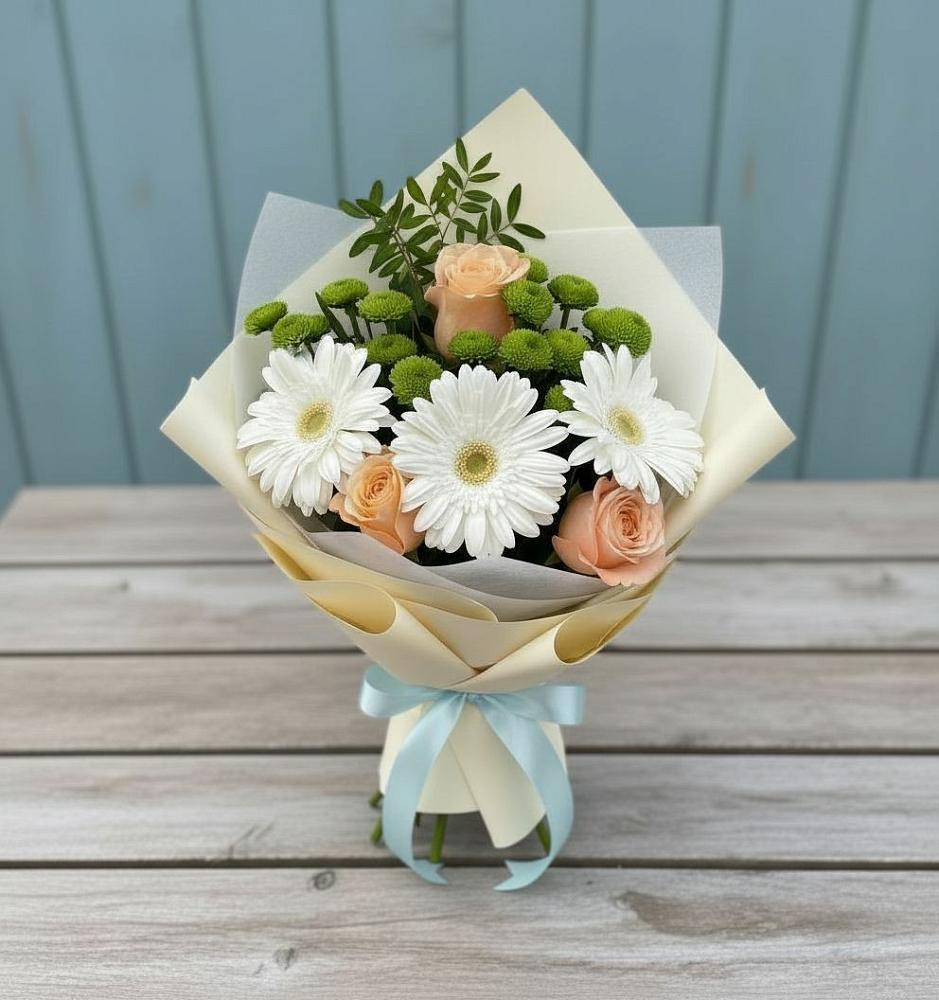 Букет цветов из: Герберы, Розы и Хризантемы в Деденево