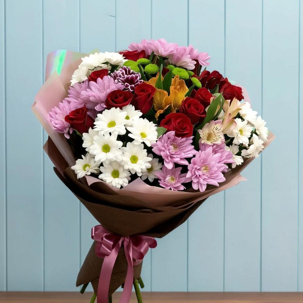 Букет цветов из: Розы, Хризантемы и Альстромерии в Деденево