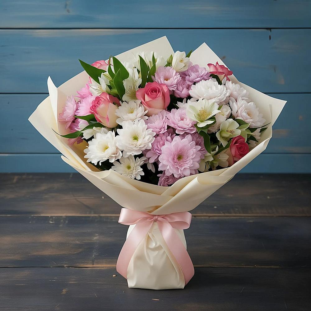 Букет цветов из: Хризантемы, Альстромерии и Розы в Деденево